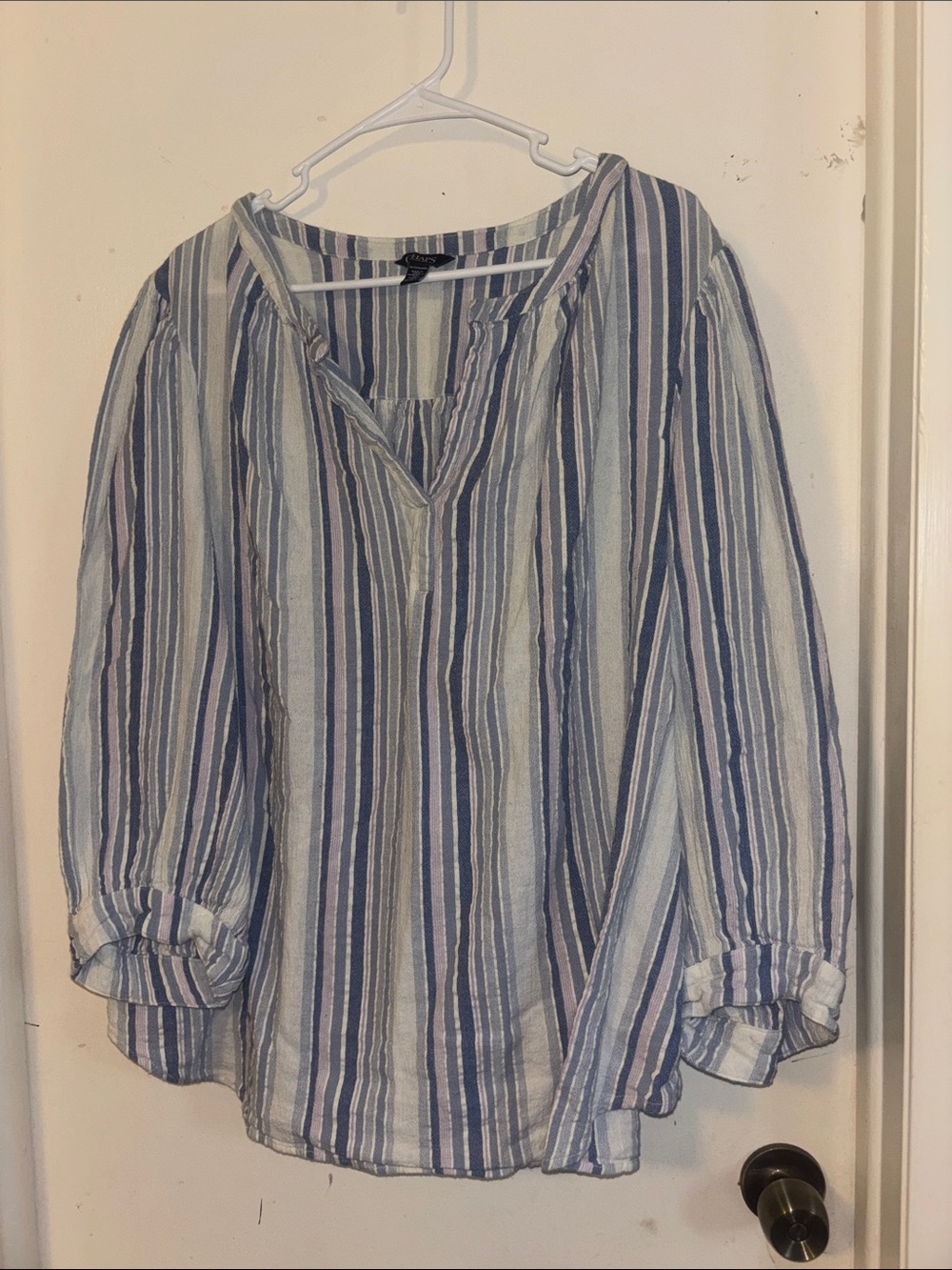 Chaps Striped Blue and White Peasant Blouse - Unbranded